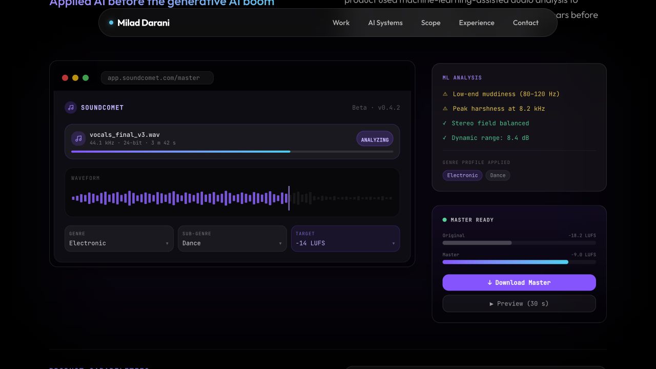 SoundComet portfolio illustration showing audio upload, waveform analysis and result panels.