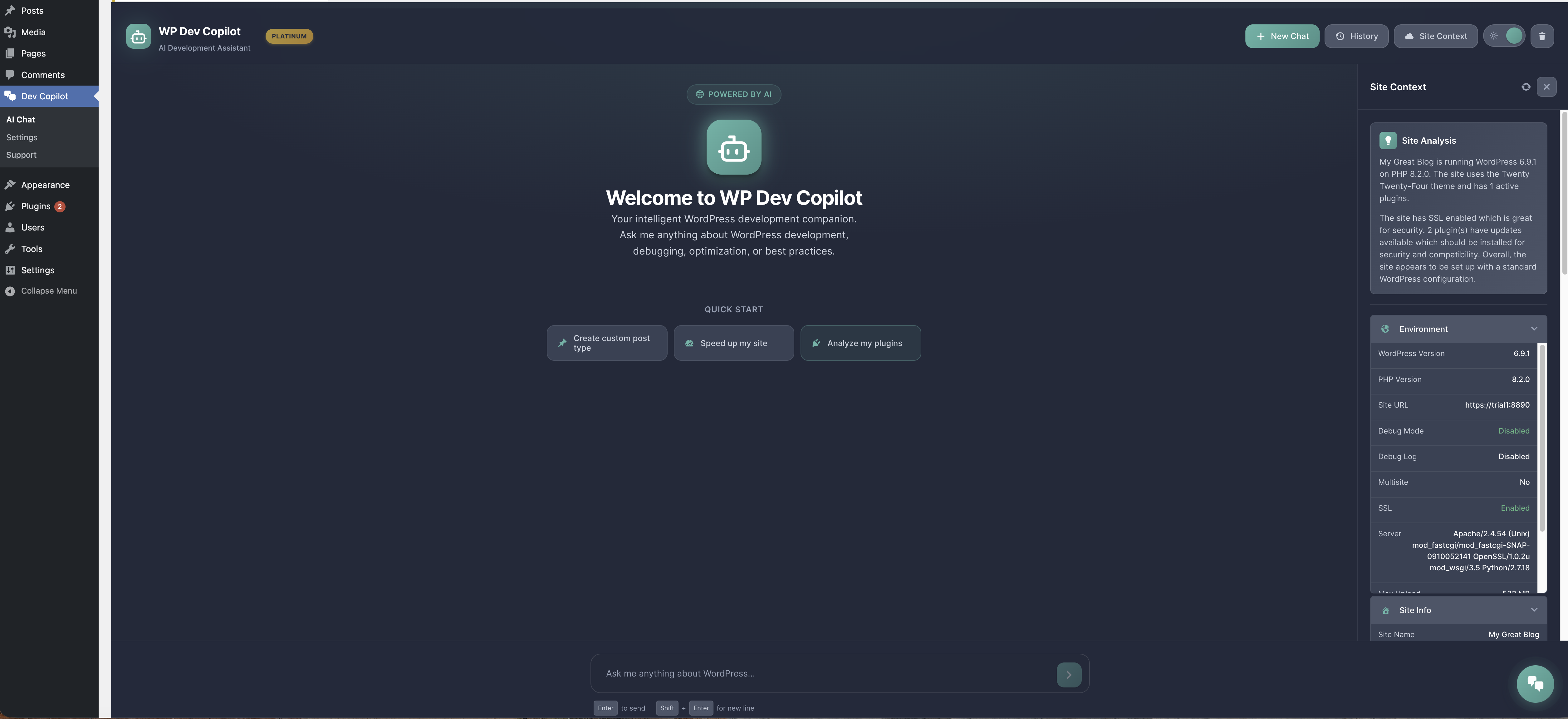 WPDevCopilot inside WordPress administration, with the Site Context panel open beside the assistant.