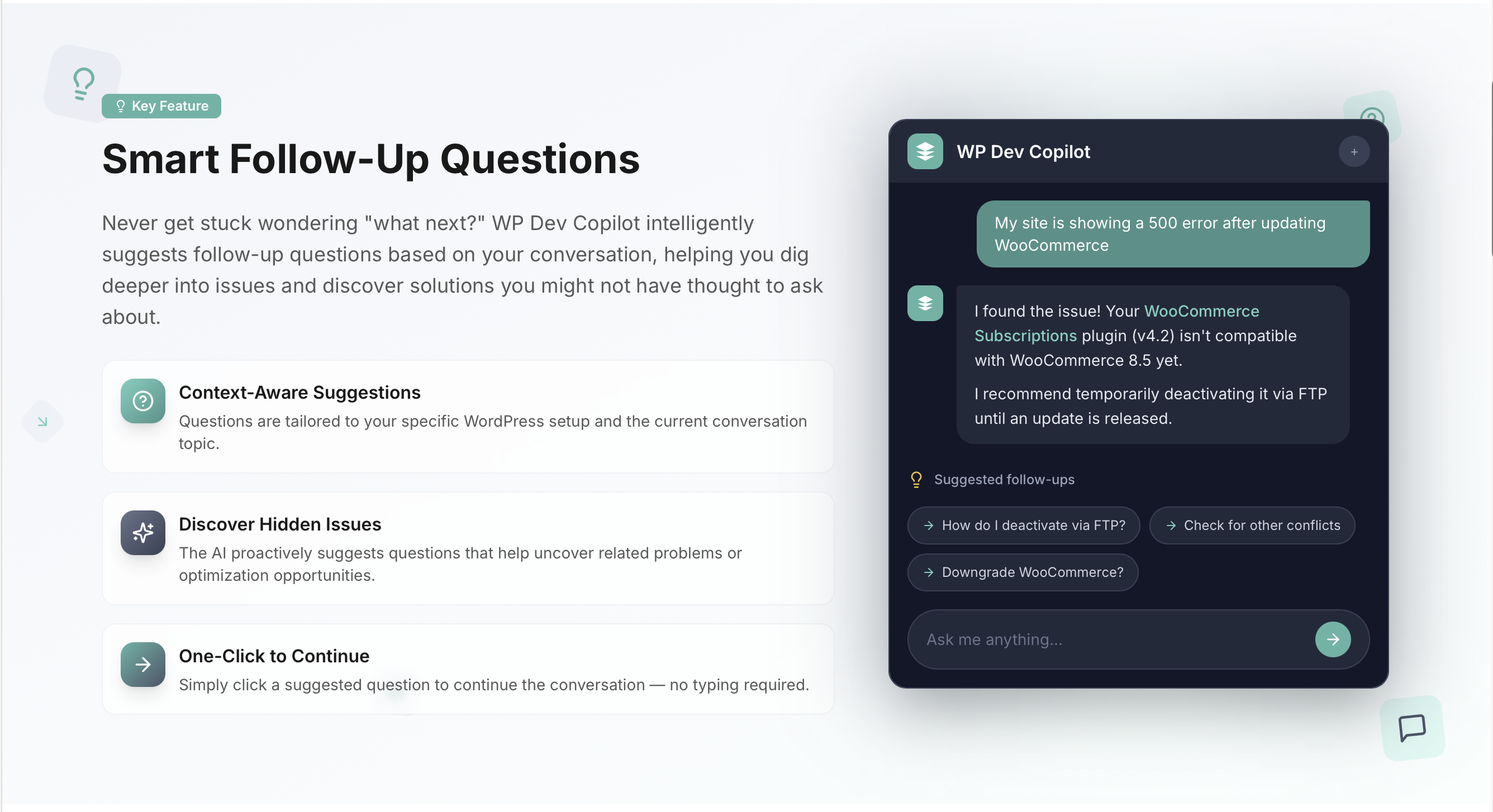 WPDevCopilot demonstration graphic showing a troubleshooting response and suggested follow-up questions.